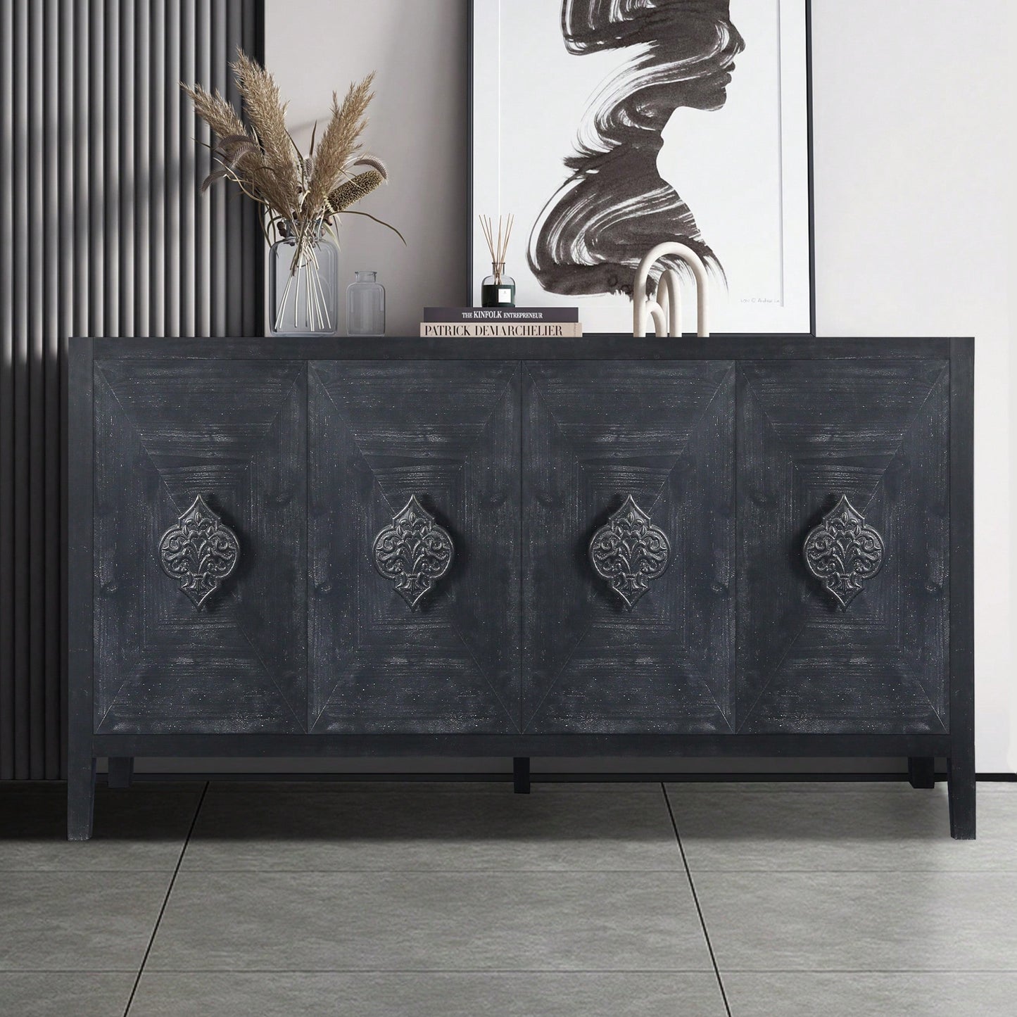 Elegant Antique Carved Flower Door Handle For Four-Door Cabinet - Perfect For Living Room, Kitchen, Or Hallway (Black Finish)