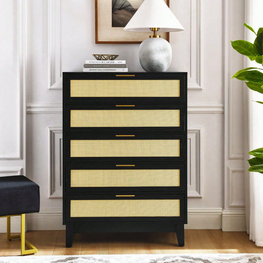 Stylish 5-Drawer Rattan Dresser - Modern Wooden Chest For Bedroom, Hallway & Living Room With Ample Storage Space