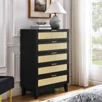 Stylish 5-Drawer Rattan Dresser - Modern Wooden Chest For Bedroom, Hallway & Living Room With Ample Storage Space