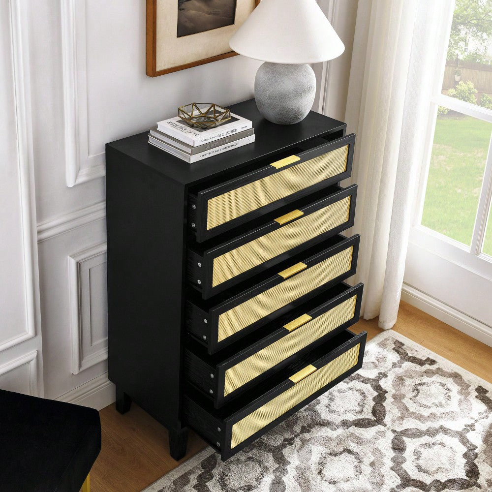 Stylish 5-Drawer Rattan Dresser - Modern Wooden Chest For Bedroom, Hallway & Living Room With Ample Storage Space