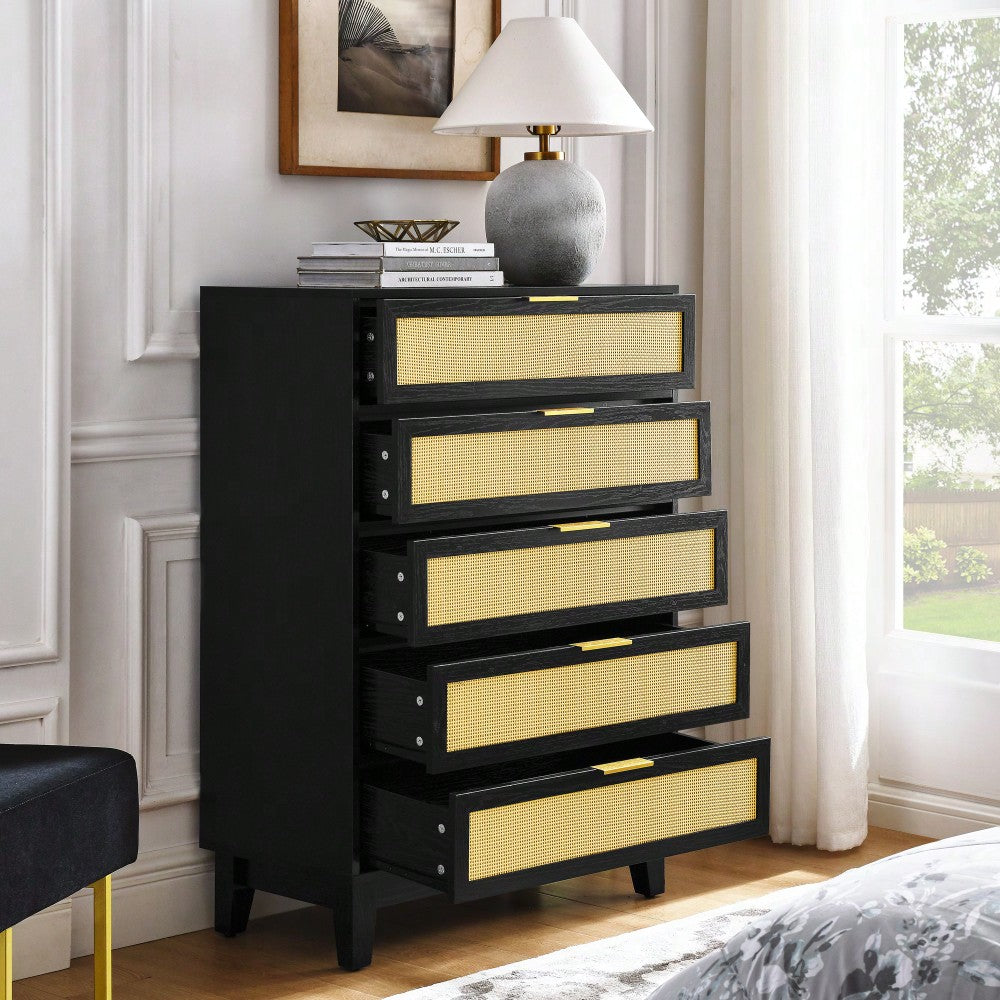 Stylish 5-Drawer Rattan Dresser - Modern Wooden Chest For Bedroom, Hallway & Living Room With Ample Storage Space