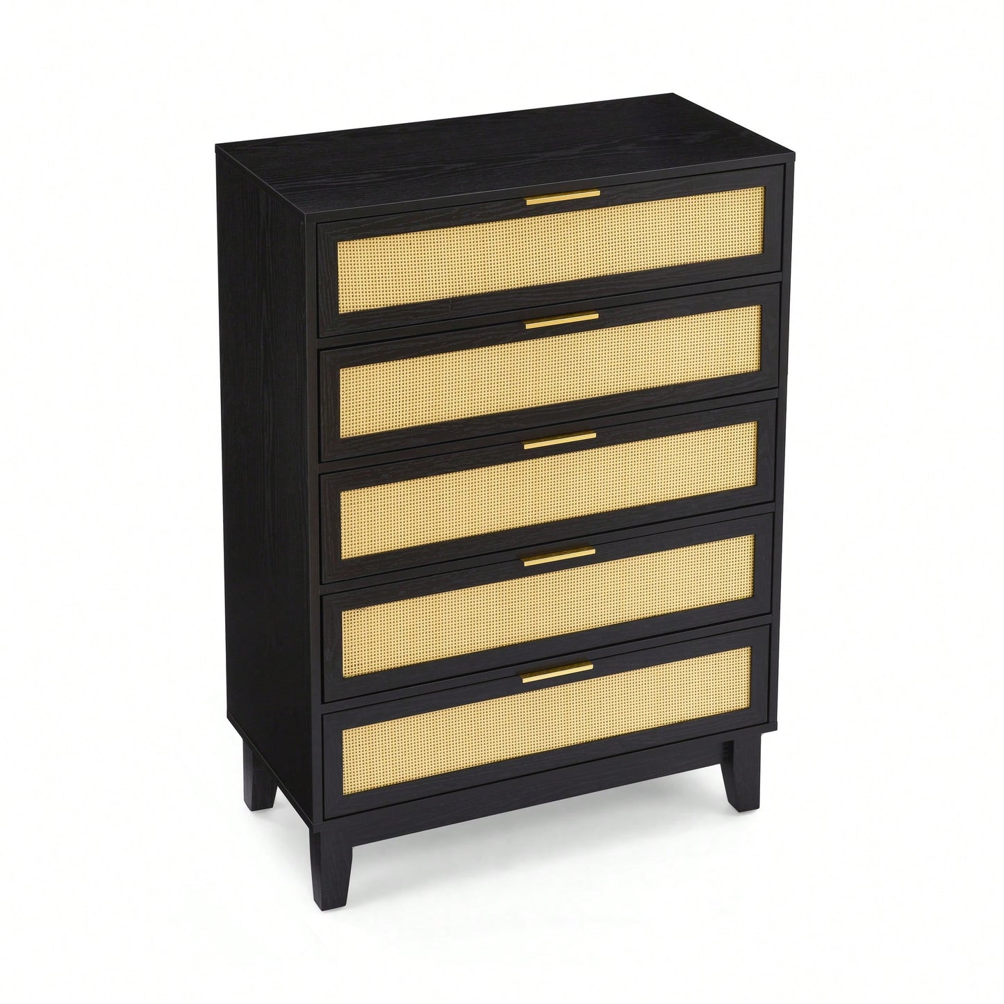 Stylish 5-Drawer Rattan Dresser - Modern Wooden Chest For Bedroom, Hallway & Living Room With Ample Storage Space