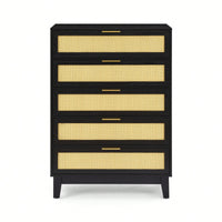 Stylish 5-Drawer Rattan Dresser - Modern Wooden Chest For Bedroom, Hallway & Living Room With Ample Storage Space