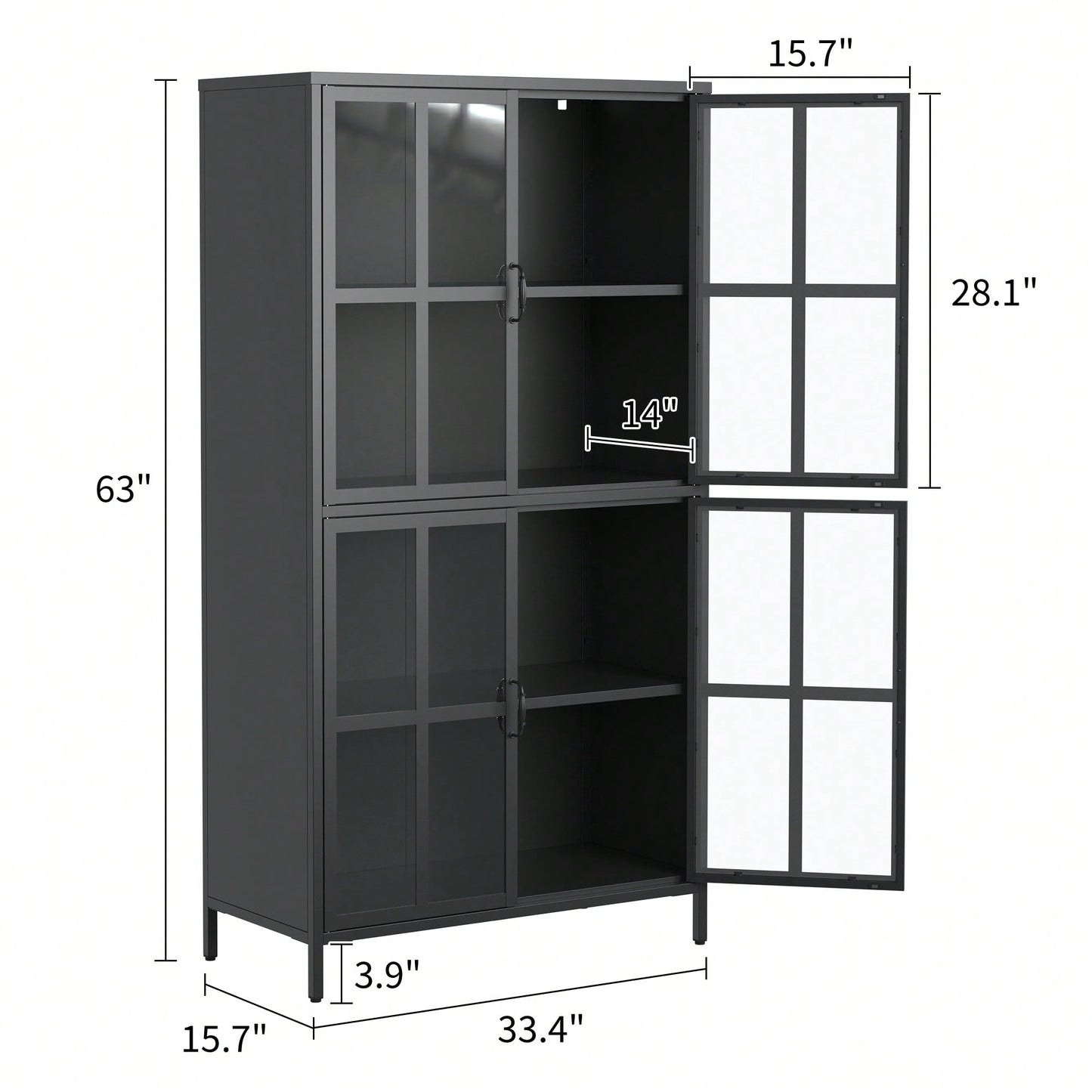 Sleek Black Metal Storage Cabinet with Glass Doors Adjustable Shelves Anti-Tipping Silent Closure Perfect for Home Office Organization