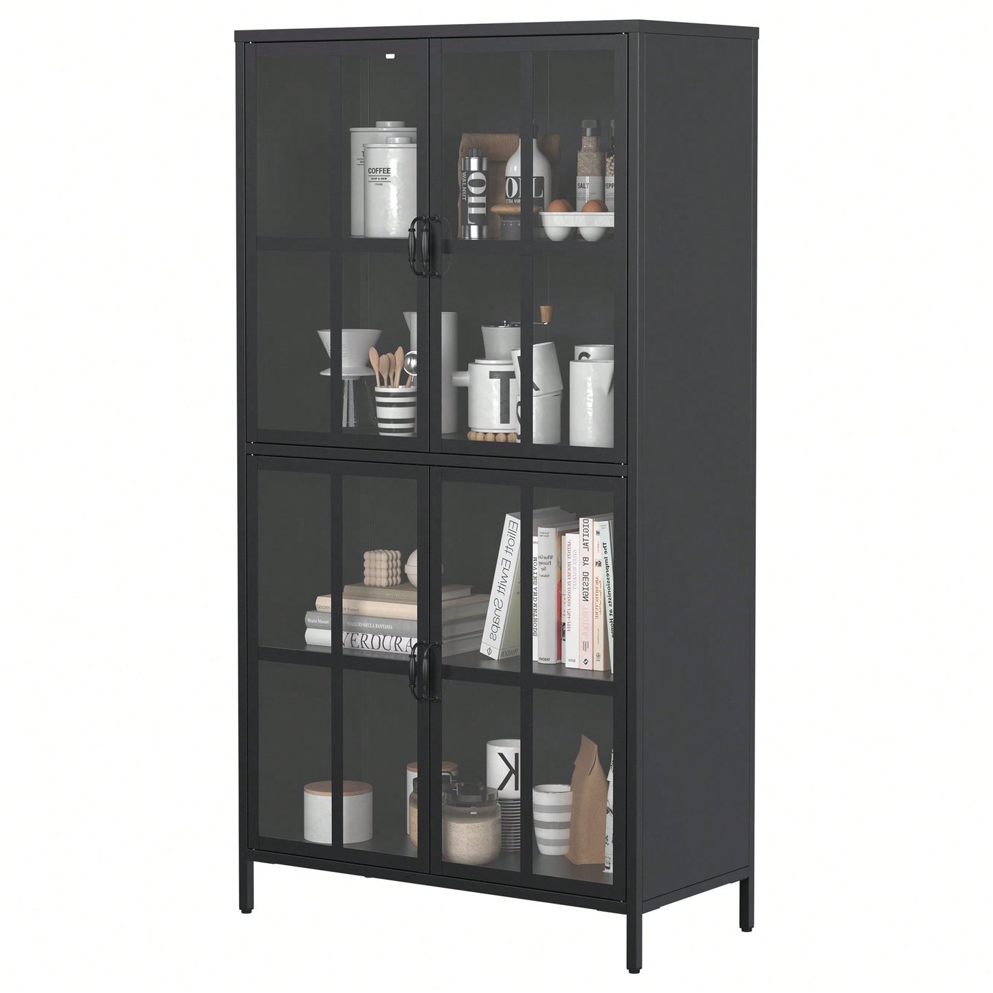 Sleek Black Metal Storage Cabinet with Glass Doors Adjustable Shelves Anti-Tipping Silent Closure Perfect for Home Office Organization