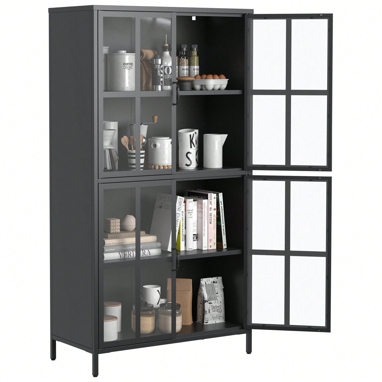 Sleek Black Metal Storage Cabinet with Glass Doors Adjustable Shelves Anti-Tipping Silent Closure Perfect for Home Office Organization