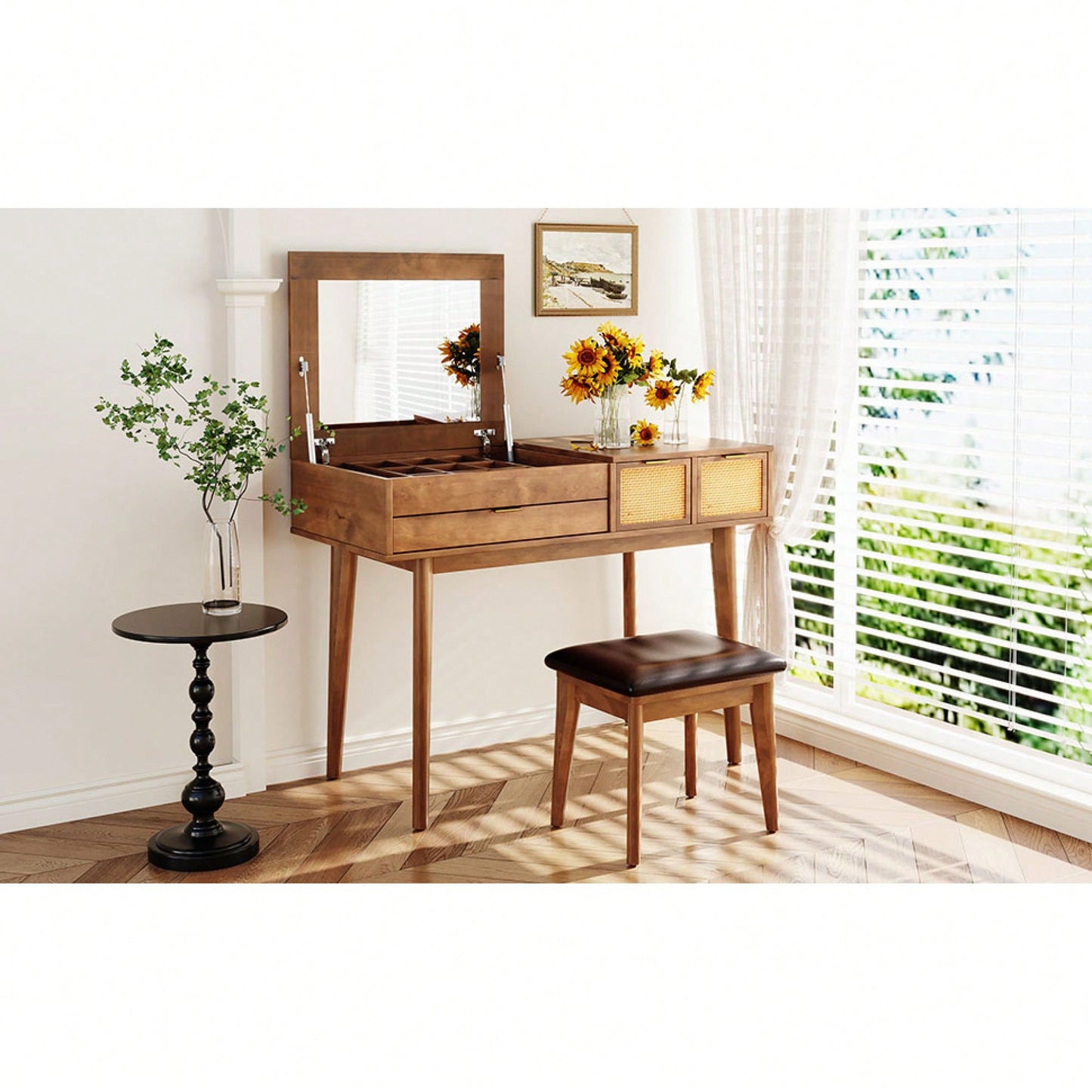 Elegant 43.3" Wooden Makeup Vanity Set With Flip-Top Mirror, Matching Stool, And Ample Storage - Stylish Dressing Table In Rich Brown