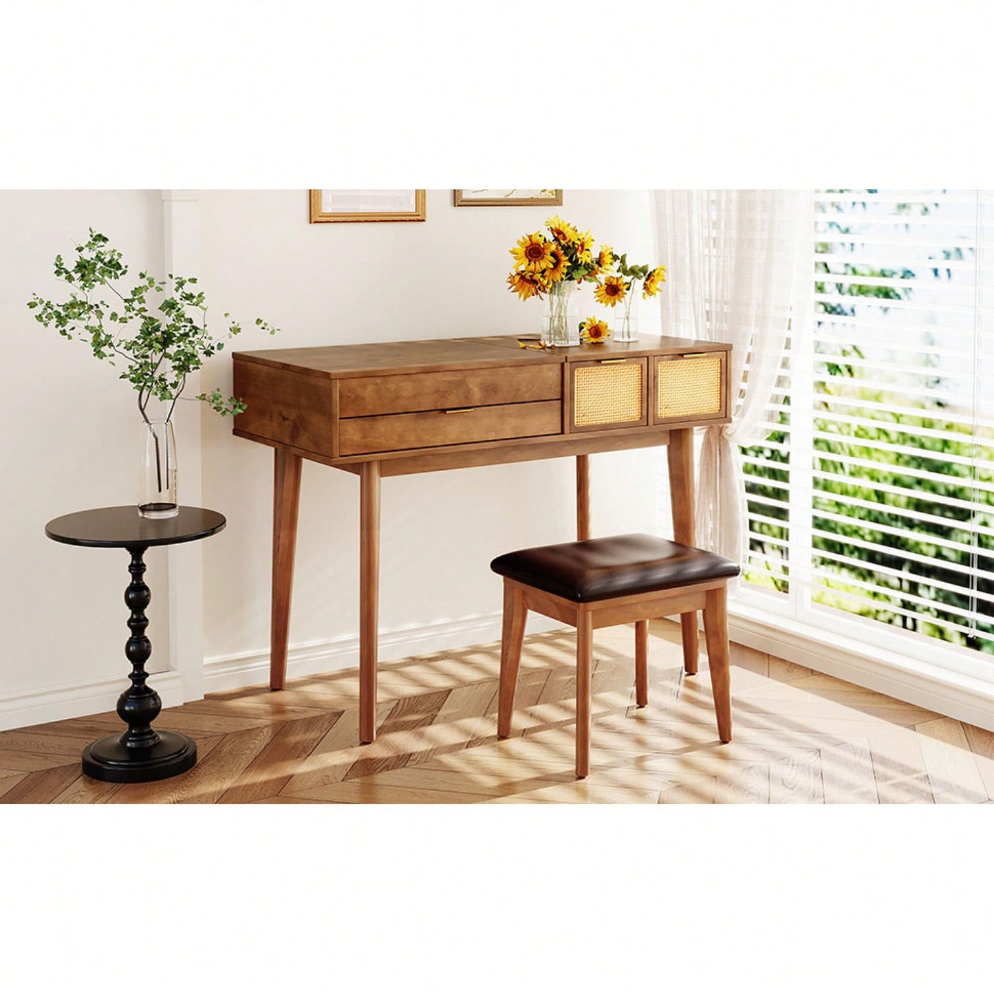 Elegant 43.3" Wooden Makeup Vanity Set With Flip-Top Mirror, Matching Stool, And Ample Storage - Stylish Dressing Table In Rich Brown