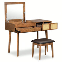 Elegant 43.3" Wooden Makeup Vanity Set With Flip-Top Mirror, Matching Stool, And Ample Storage - Stylish Dressing Table In Rich Brown