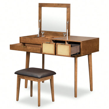 Elegant 43.3" Wooden Makeup Vanity Set With Flip-Top Mirror, Matching Stool, And Ample Storage - Stylish Dressing Table In Rich Brown