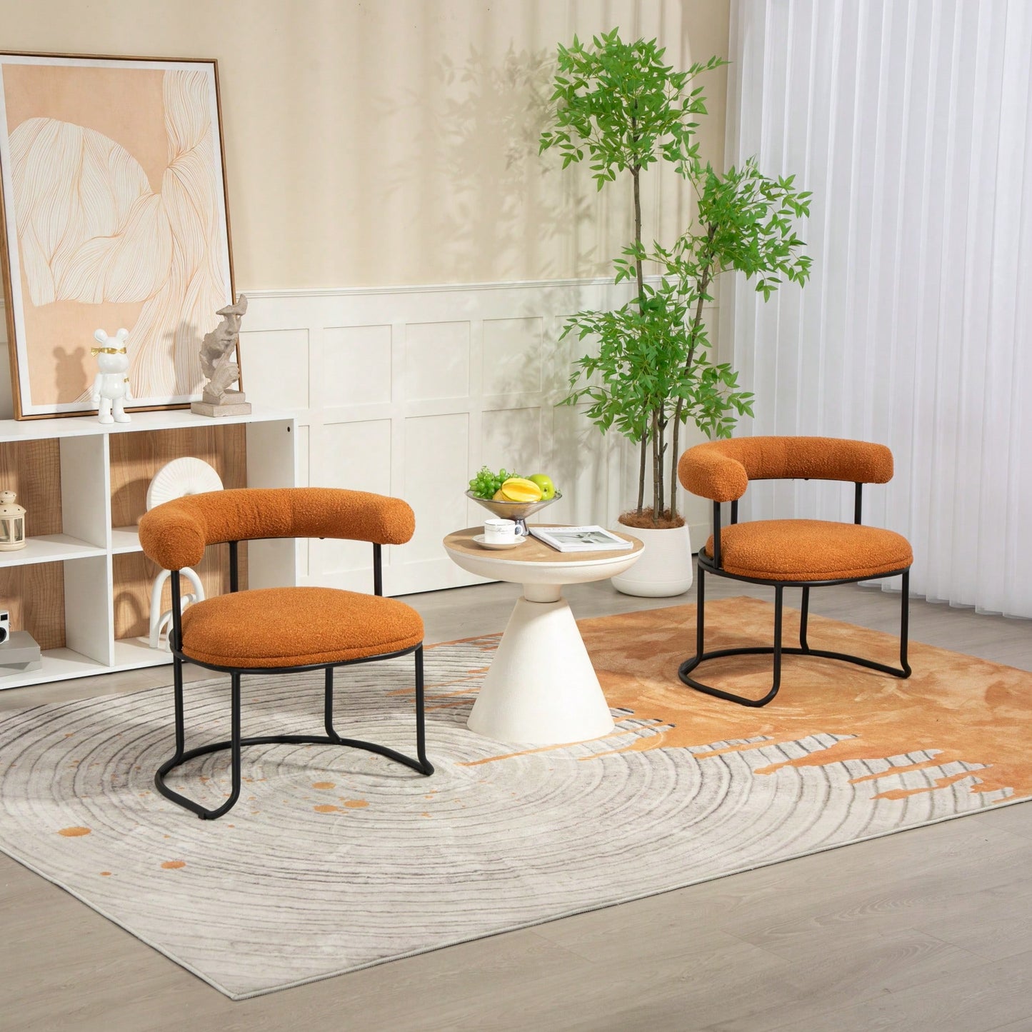 Set Of 2 Mid-Century Modern Curved Back Dining Chairs With Orange Boucle Upholstery, Stylish Round Backrest Kitchen Seating