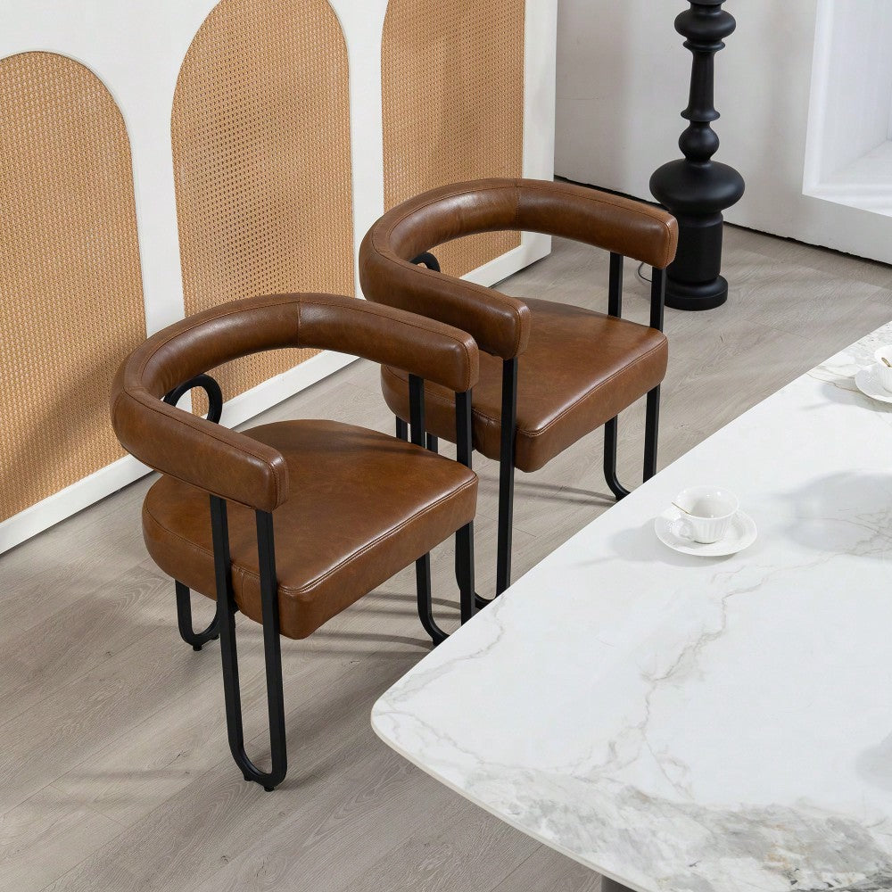 Stylish Contemporary PU Fabric Upholstered Barrel Accent Chairs For Dining And Living Room - Set Of 2 In Light Brown