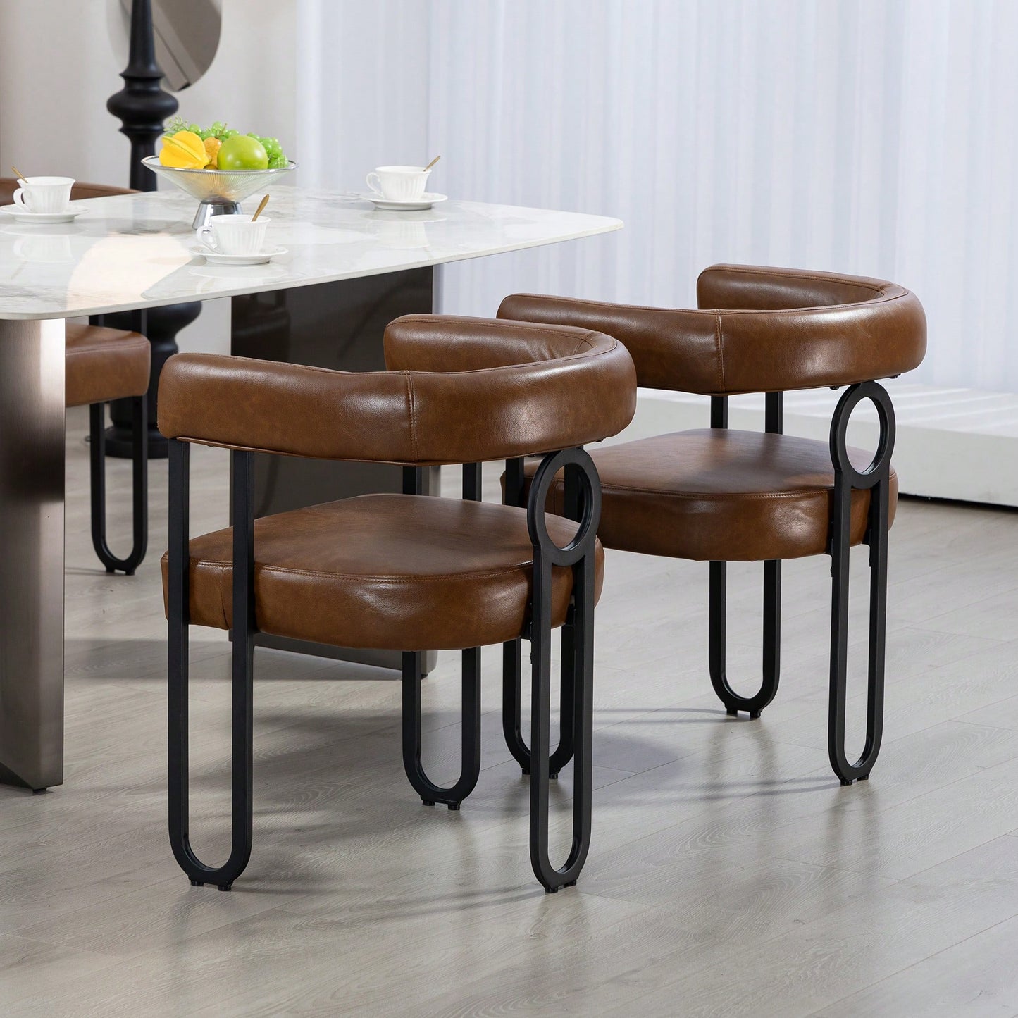 Stylish Contemporary PU Fabric Upholstered Barrel Accent Chairs For Dining And Living Room - Set Of 2 In Light Brown