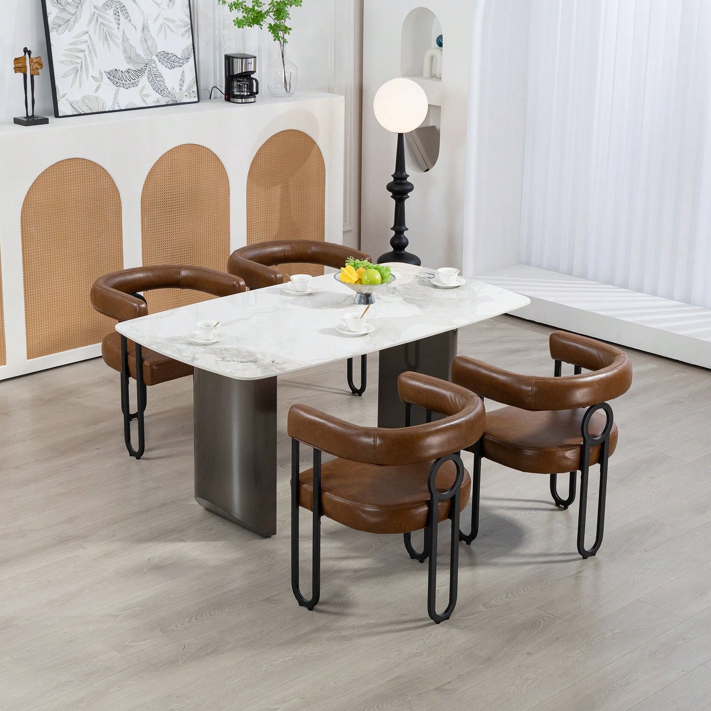 Stylish Contemporary PU Fabric Upholstered Barrel Accent Chairs For Dining And Living Room - Set Of 2 In Light Brown