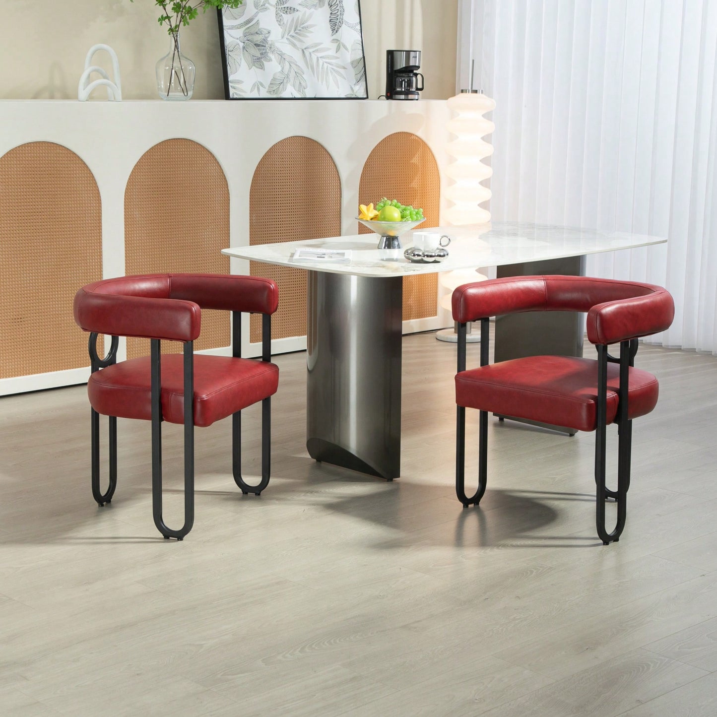 Stylish Contemporary PU Fabric Upholstered Barrel Accent Chairs For Dining And Living Room - Set Of 2 In Light Brown