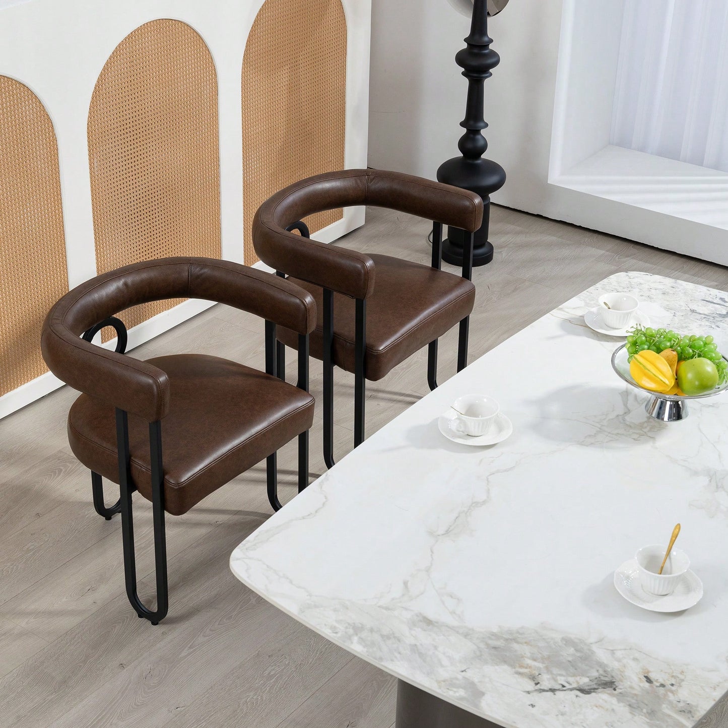Stylish Contemporary PU Fabric Upholstered Barrel Accent Chairs For Dining And Living Room - Set Of 2 In Light Brown