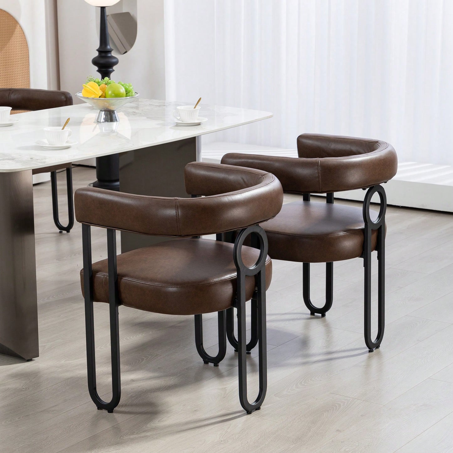 Stylish Contemporary PU Fabric Upholstered Barrel Accent Chairs For Dining And Living Room - Set Of 2 In Light Brown