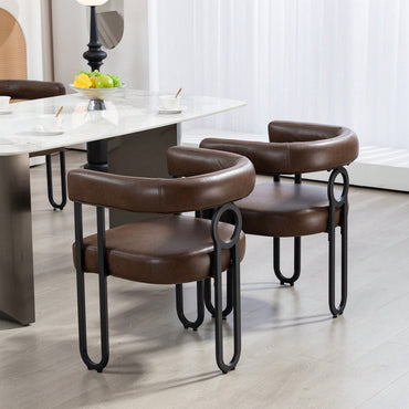 Stylish Contemporary PU Fabric Upholstered Barrel Accent Chairs For Dining And Living Room - Set Of 2 In Light Brown