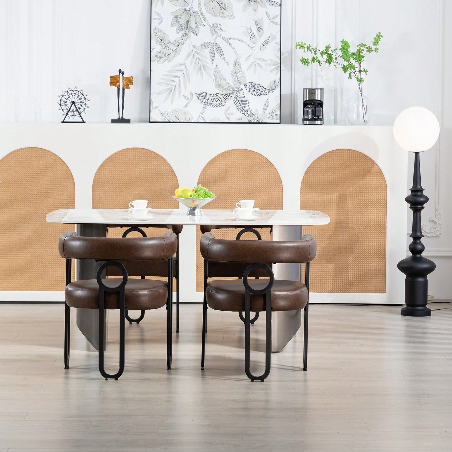 Stylish Contemporary PU Fabric Upholstered Barrel Accent Chairs For Dining And Living Room - Set Of 2 In Light Brown