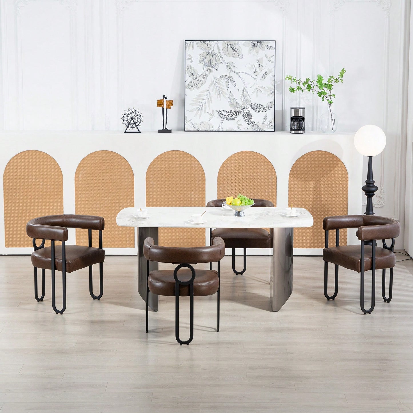 Stylish Contemporary PU Fabric Upholstered Barrel Accent Chairs For Dining And Living Room - Set Of 2 In Light Brown