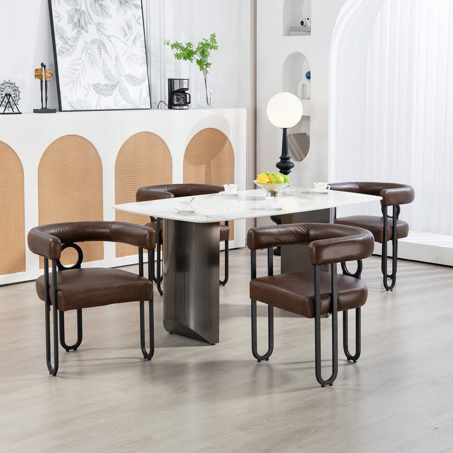 Stylish Contemporary PU Fabric Upholstered Barrel Accent Chairs For Dining And Living Room - Set Of 2 In Light Brown