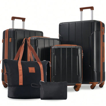 6-Piece Expandable Hardshell Luggage Set - Lightweight Suitcases With Wheels And TSA Lock For Travel - Sleek Black & Brown Design