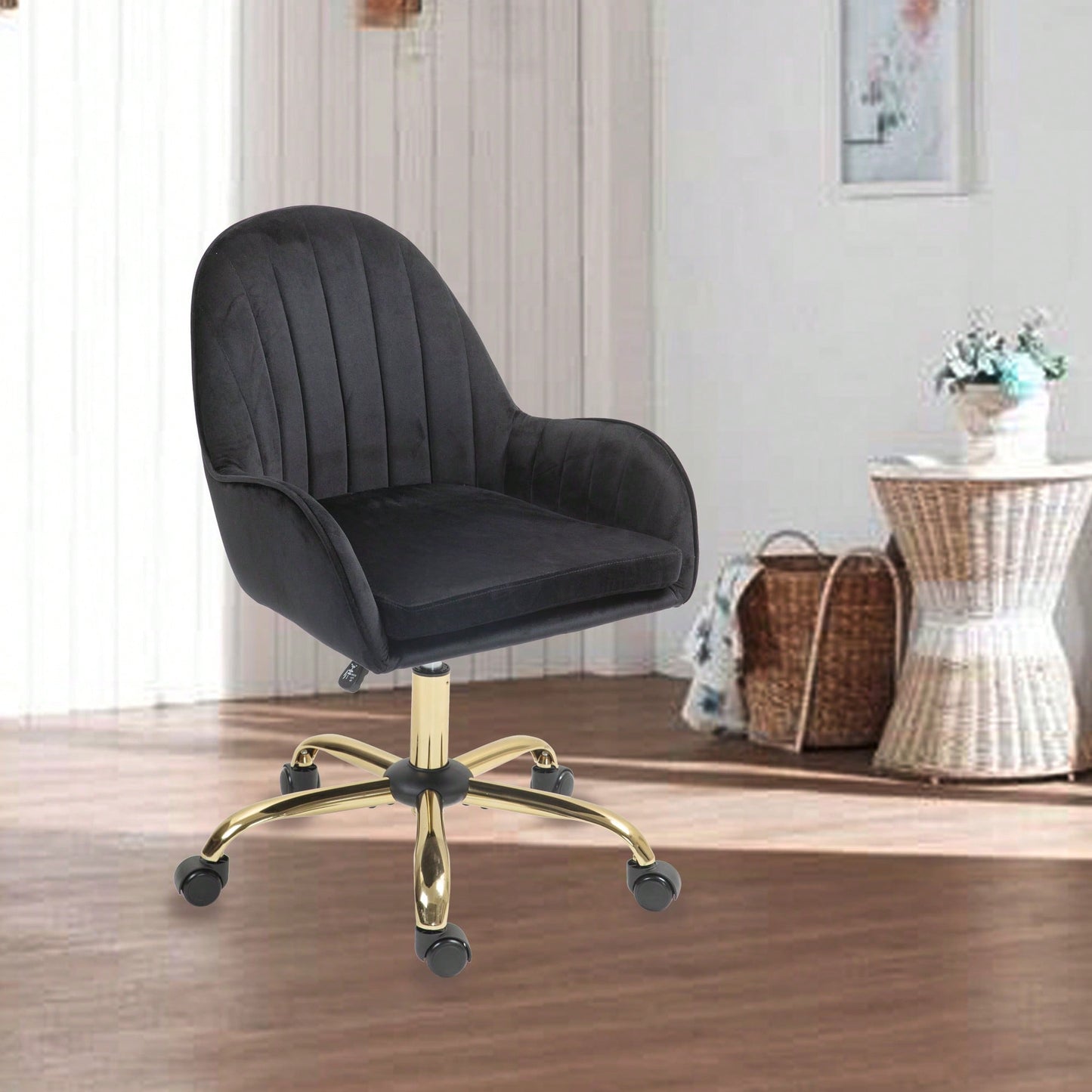 Chic Velvet Office Chair with Wheels and Gold Base Adjustable Height Stylish Desk Chair for Women Ideal for Living Room or Nail Stations