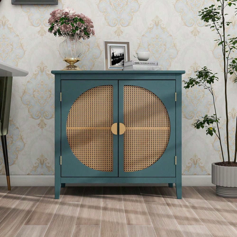 Elegant 2-Door Semi-Circular Cabinet With Natural Rattan Weaving – Versatile Storage For Living Room, Bedroom, And Study Room