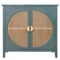 Elegant 2-Door Semi-Circular Cabinet With Natural Rattan Weaving – Versatile Storage For Living Room, Bedroom, And Study Room