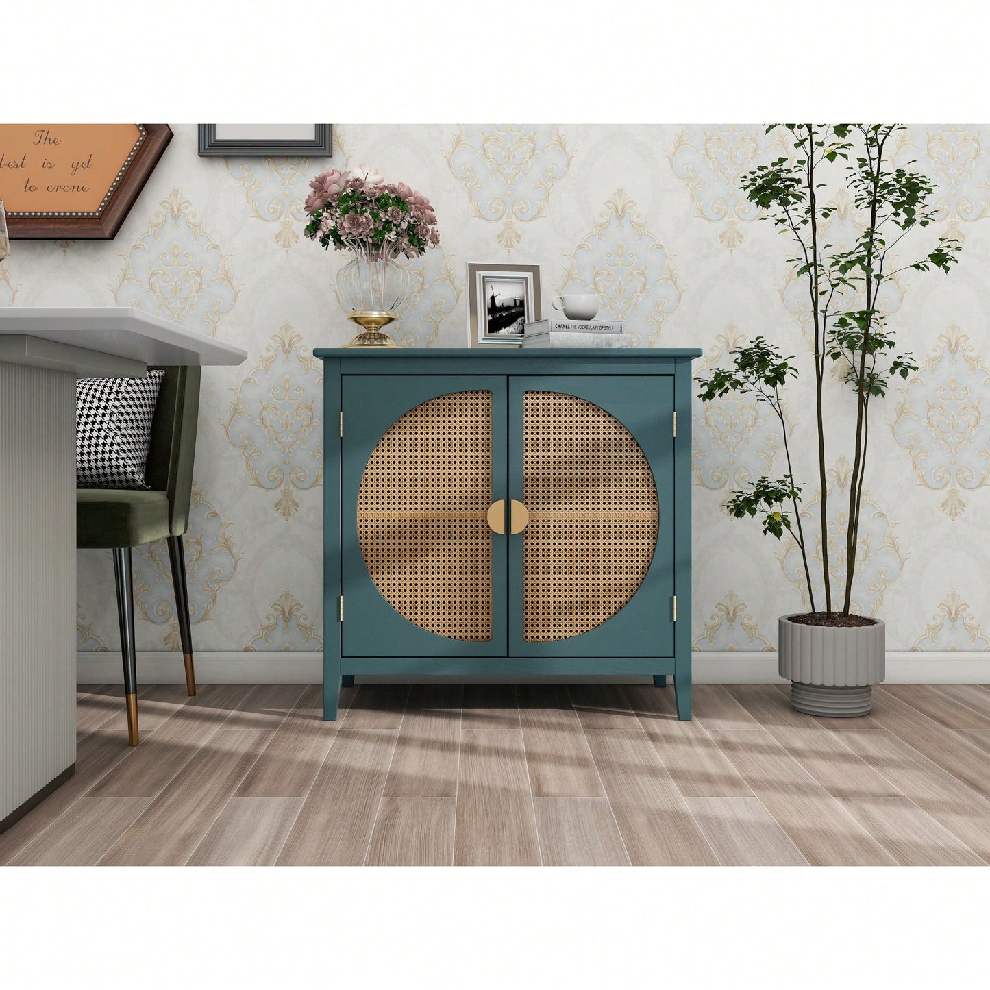 Elegant 2-Door Semi-Circular Cabinet With Natural Rattan Weaving – Versatile Storage For Living Room, Bedroom, And Study Room