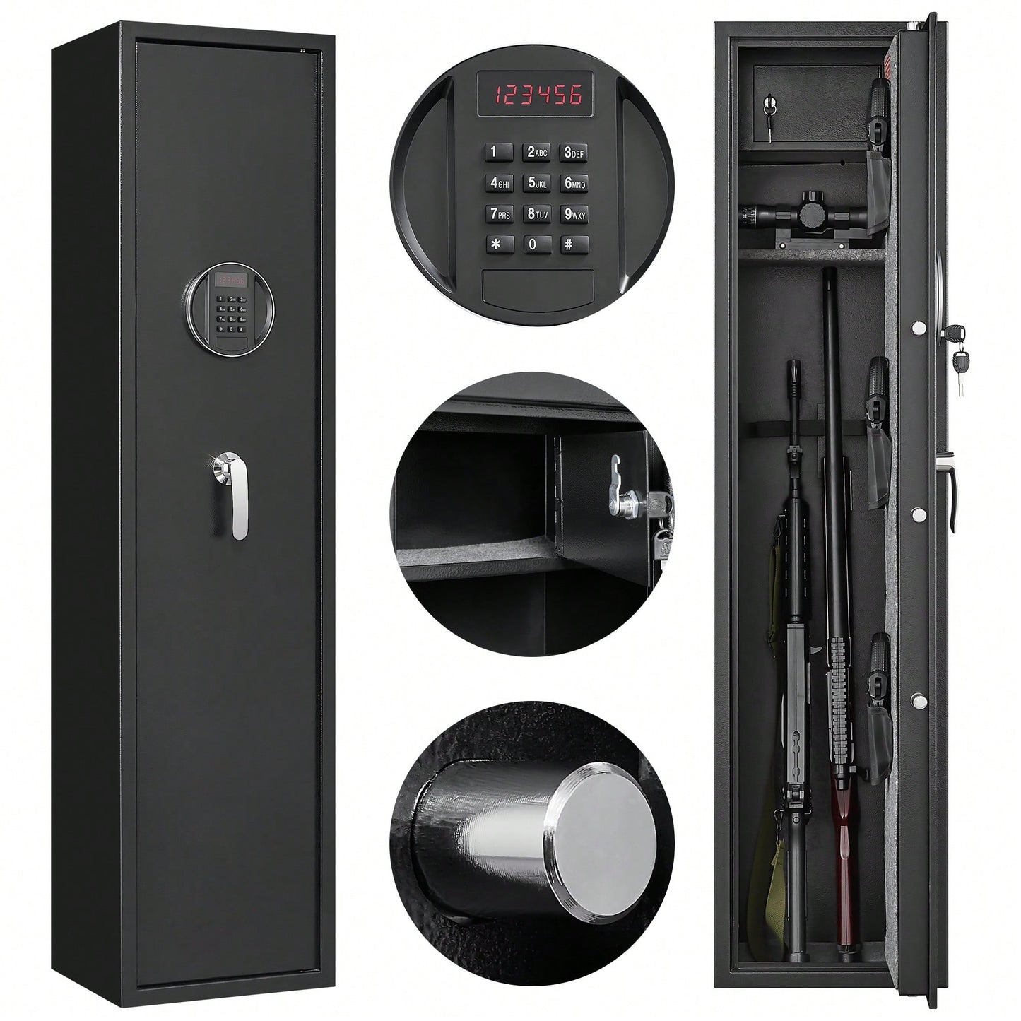 Durable Black Steel Gun Cabinet With Inner Safe, LED Lighting, Adjustable Shelf, And Gun Rack For Secure Storage