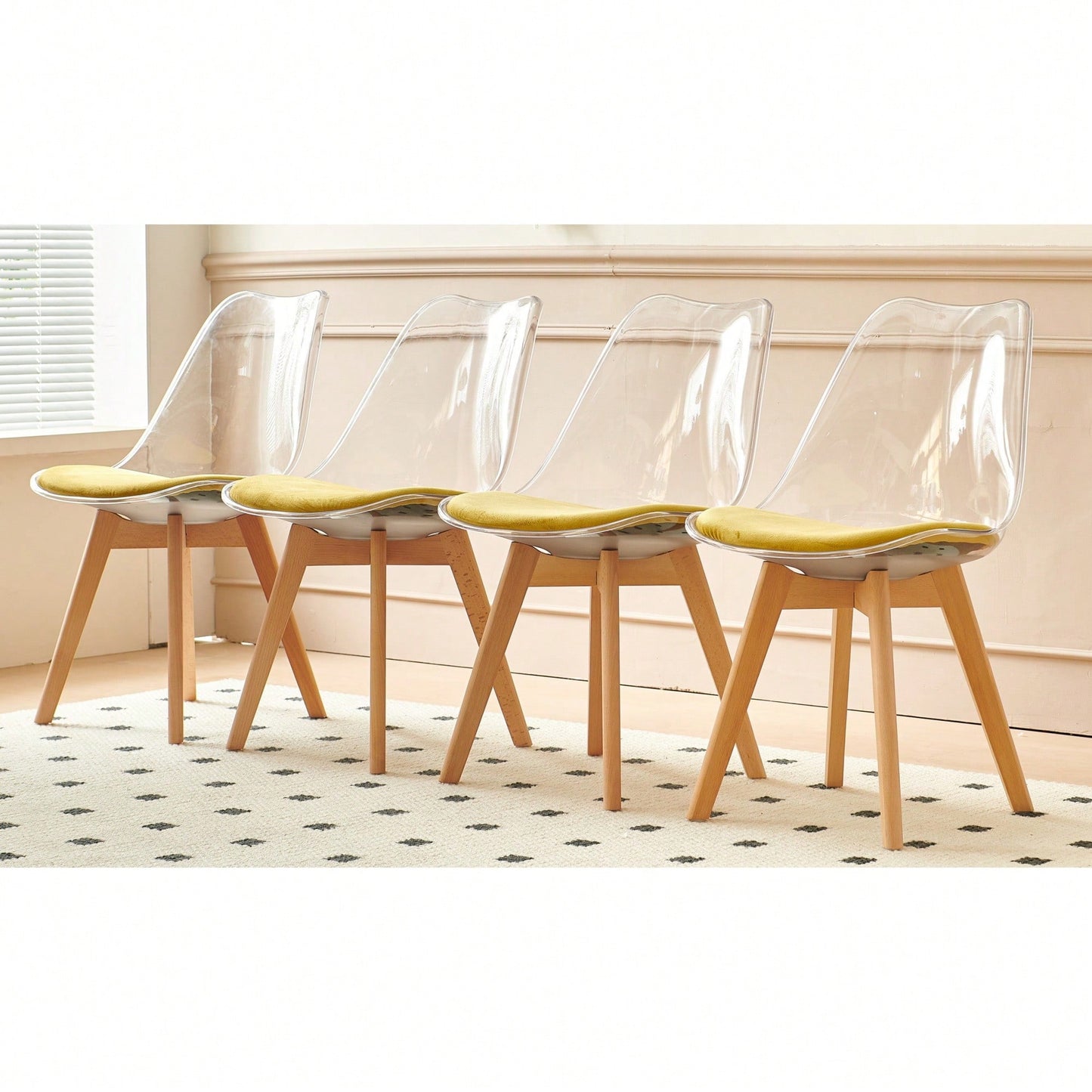 Elegant Set Of 4 Wooden Leg Transparent Back Dining And Coffee Chairs