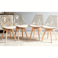 Elegant Set Of 4 Wooden Leg Transparent Back Dining And Coffee Chairs