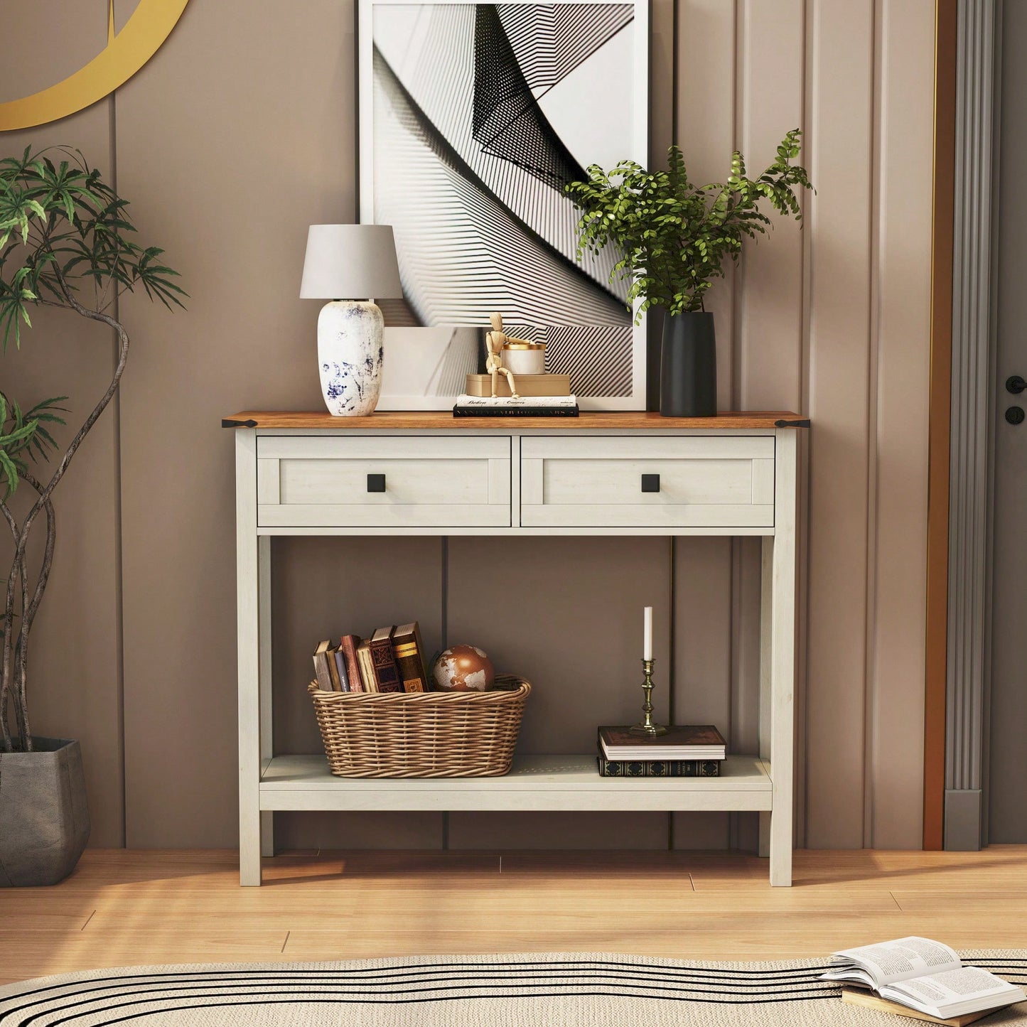 Rustic Farmhouse Console Table With 2 Drawers And Bottom Shelf For Entryway, Living Room, And Hallway Storage