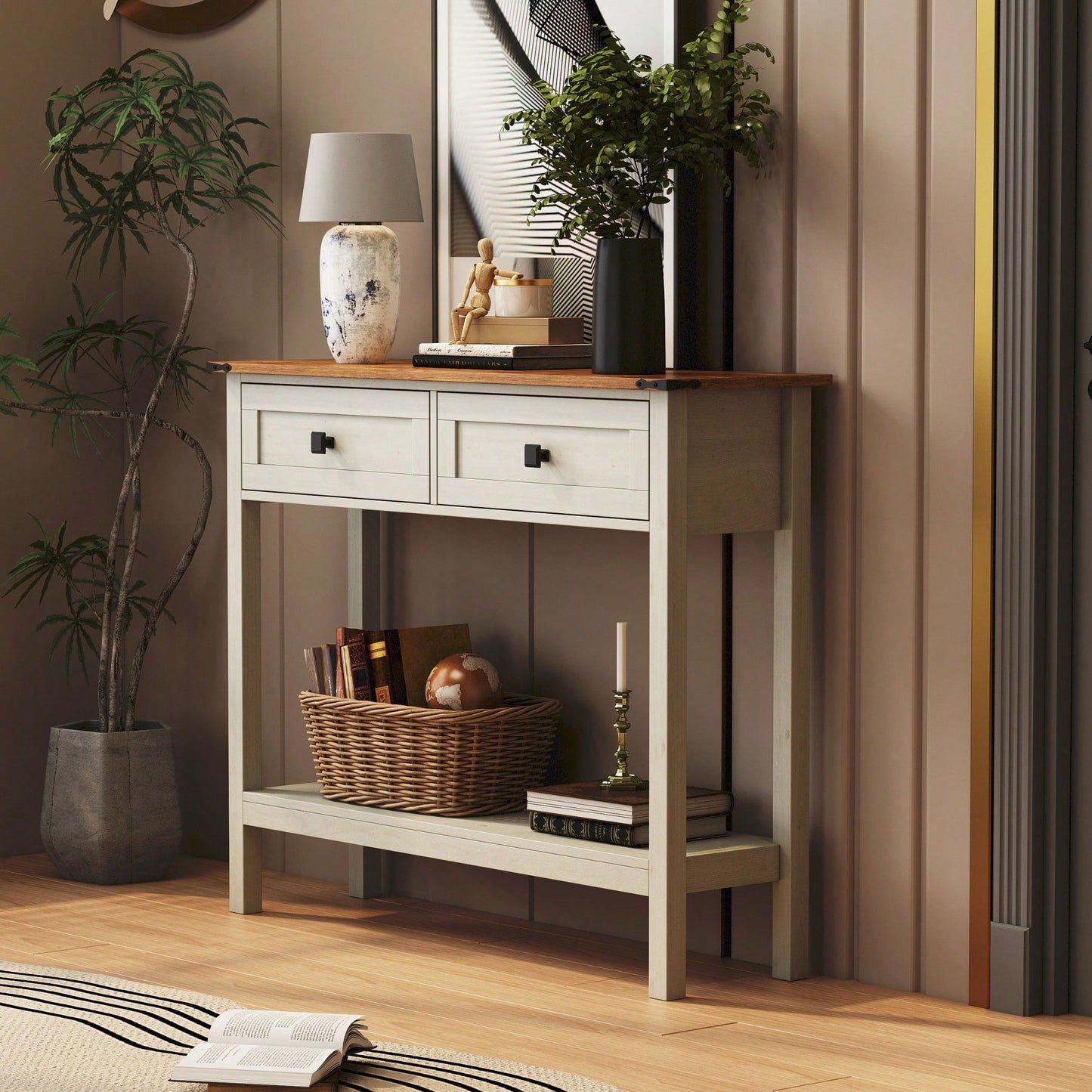 Rustic Farmhouse Console Table With 2 Drawers And Bottom Shelf For Entryway, Living Room, And Hallway Storage