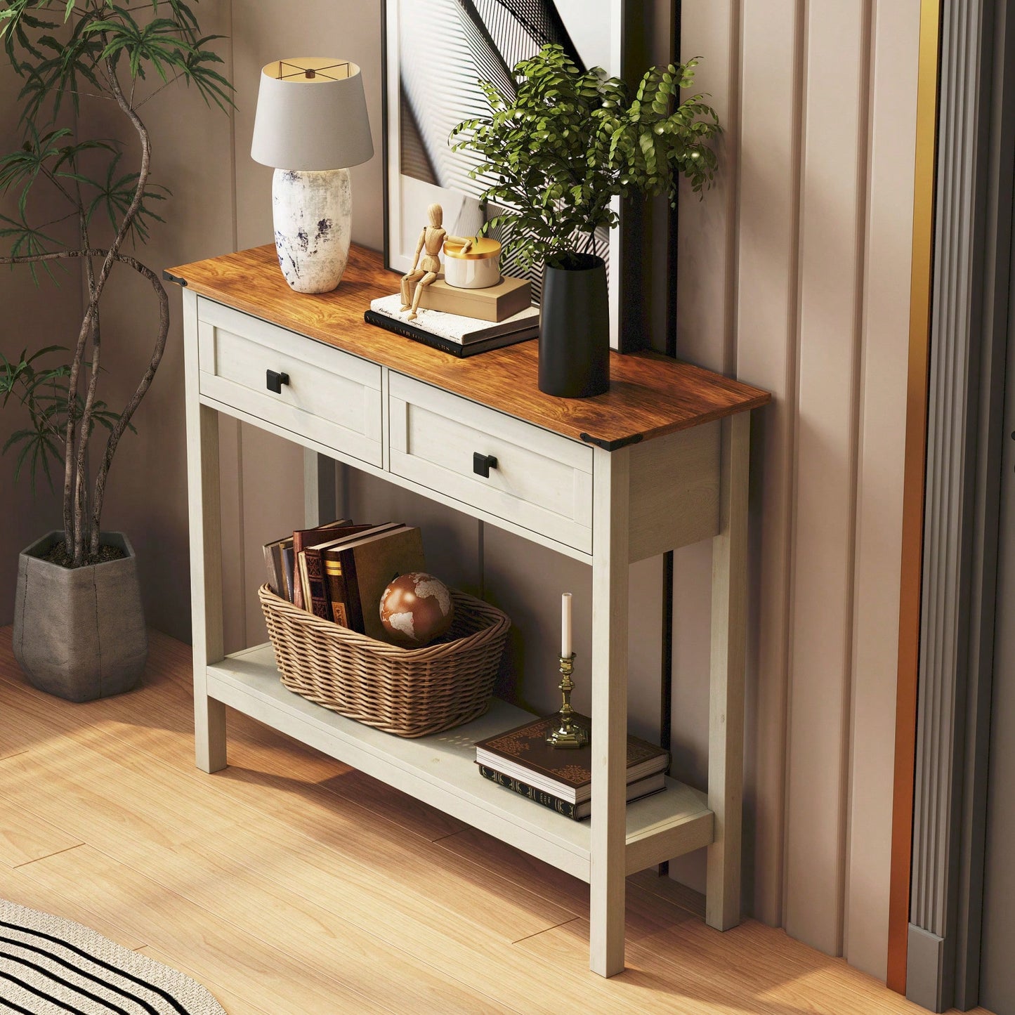 Rustic Farmhouse Console Table With 2 Drawers And Bottom Shelf For Entryway, Living Room, And Hallway Storage