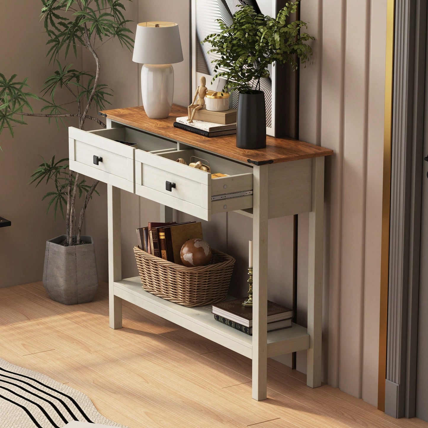 Rustic Farmhouse Console Table With 2 Drawers And Bottom Shelf For Entryway, Living Room, And Hallway Storage