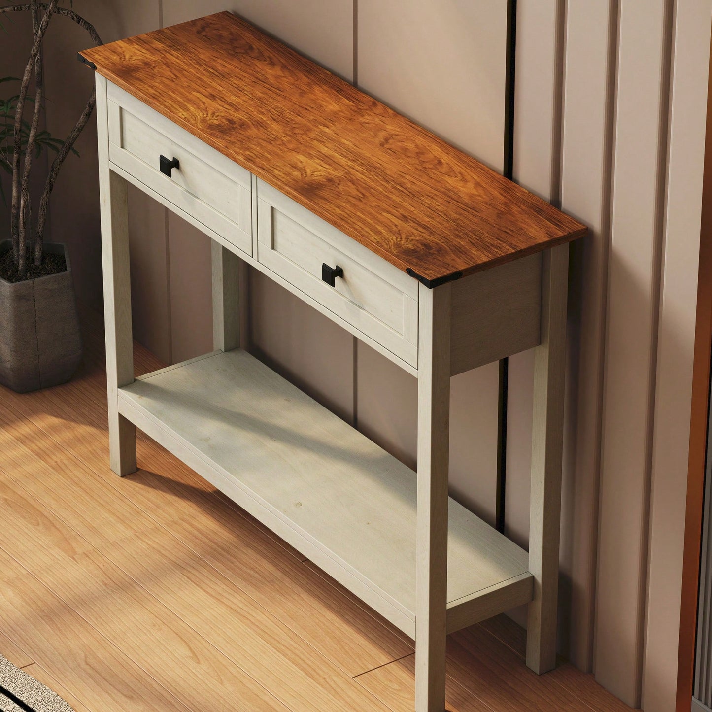 Rustic Farmhouse Console Table With 2 Drawers And Bottom Shelf For Entryway, Living Room, And Hallway Storage