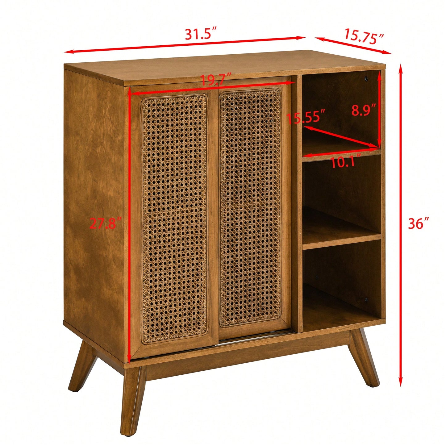Mid Century Modern Rattan Buffet Cabinet with Adjustable Shelf and Solid Wood Legs for Entryway Living Room Kitchen Dining Room