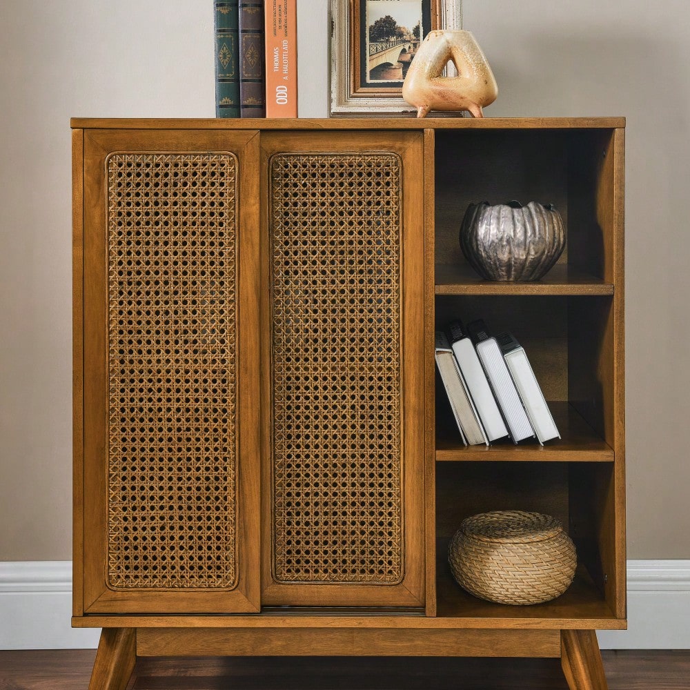Mid Century Modern Rattan Buffet Cabinet with Adjustable Shelf and Solid Wood Legs for Entryway Living Room Kitchen Dining Room