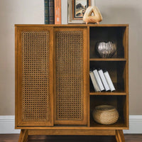 Mid Century Modern Rattan Buffet Cabinet with Adjustable Shelf and Solid Wood Legs for Entryway Living Room Kitchen Dining Room