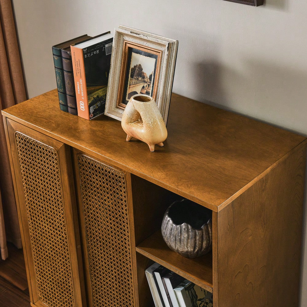 Mid Century Modern Rattan Buffet Cabinet with Adjustable Shelf and Solid Wood Legs for Entryway Living Room Kitchen Dining Room