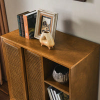 Mid Century Modern Rattan Buffet Cabinet with Adjustable Shelf and Solid Wood Legs for Entryway Living Room Kitchen Dining Room