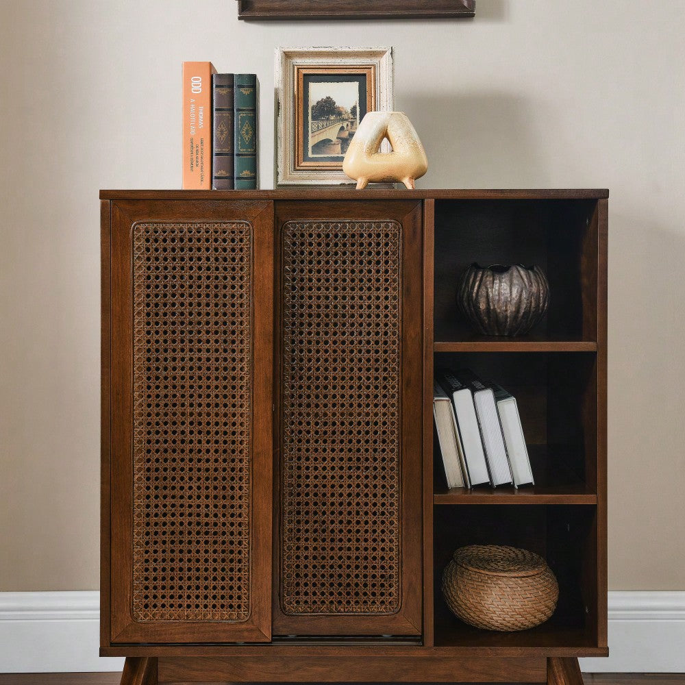 Mid Century Modern Rattan Buffet Cabinet with Adjustable Shelf and Solid Wood Legs for Entryway Living Room Kitchen Dining Room