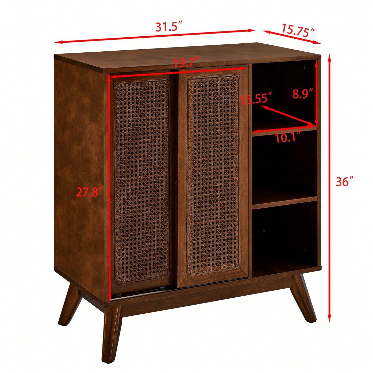 Mid Century Modern Rattan Buffet Cabinet with Adjustable Shelf and Solid Wood Legs for Entryway Living Room Kitchen Dining Room