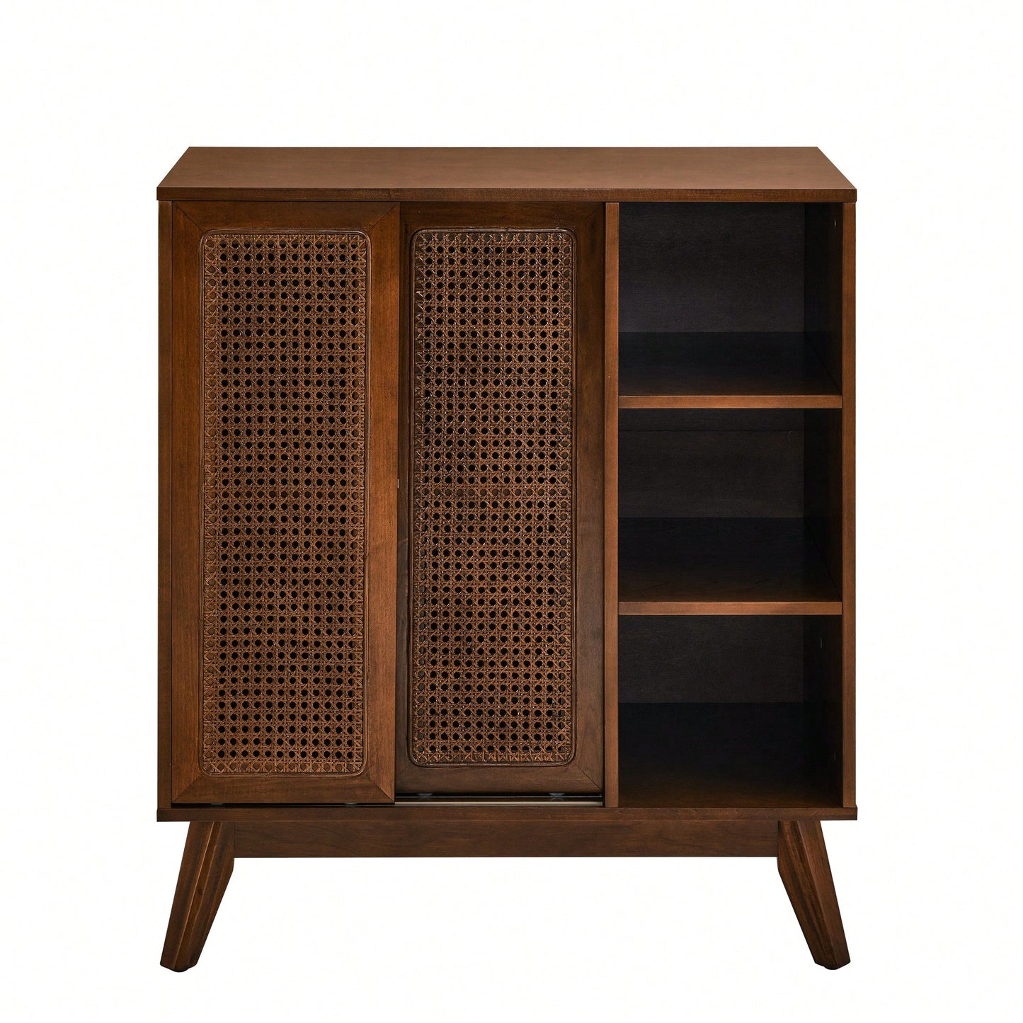 Mid Century Modern Rattan Buffet Cabinet with Adjustable Shelf and Solid Wood Legs for Entryway Living Room Kitchen Dining Room