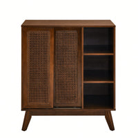 Mid Century Modern Rattan Buffet Cabinet with Adjustable Shelf and Solid Wood Legs for Entryway Living Room Kitchen Dining Room