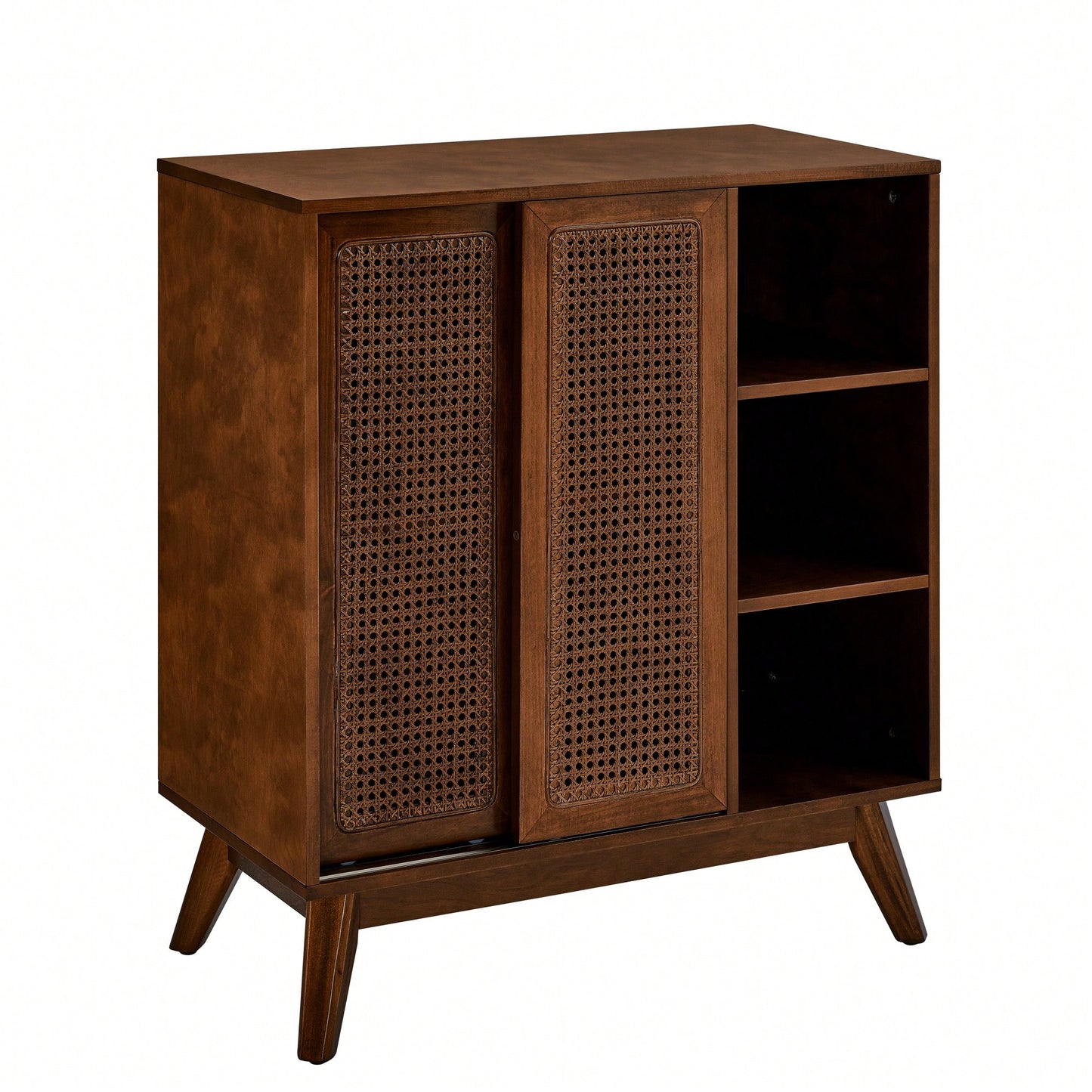 Mid Century Modern Rattan Buffet Cabinet with Adjustable Shelf and Solid Wood Legs for Entryway Living Room Kitchen Dining Room
