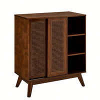 Mid Century Modern Rattan Buffet Cabinet with Adjustable Shelf and Solid Wood Legs for Entryway Living Room Kitchen Dining Room