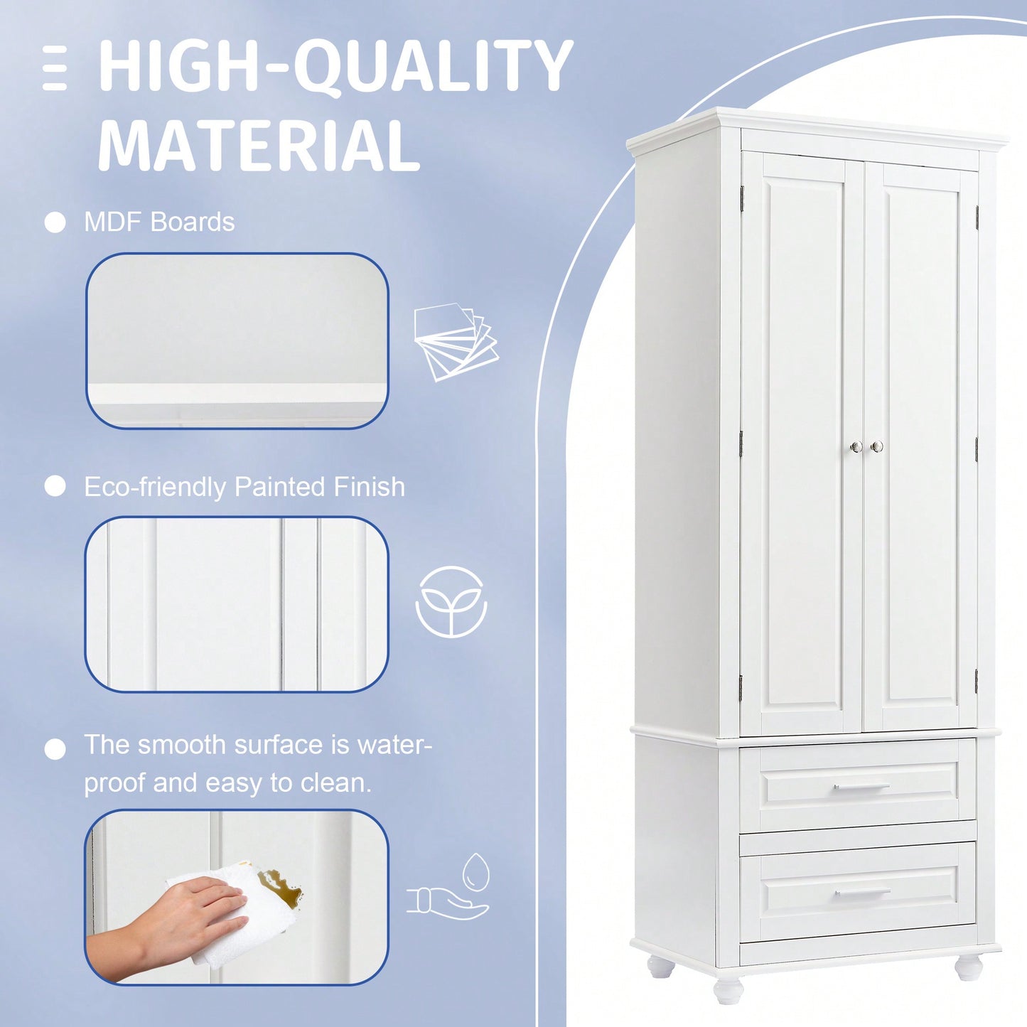 Stylish Tall Storage Cabinet With Dual Drawers For Bathroom Or Office Organization, White Finish